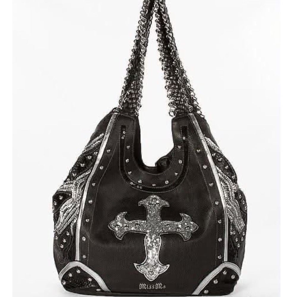 Miss Me Vintage Y2K Black Leather Sequin Cross Wing Studded Western Hobo Bag